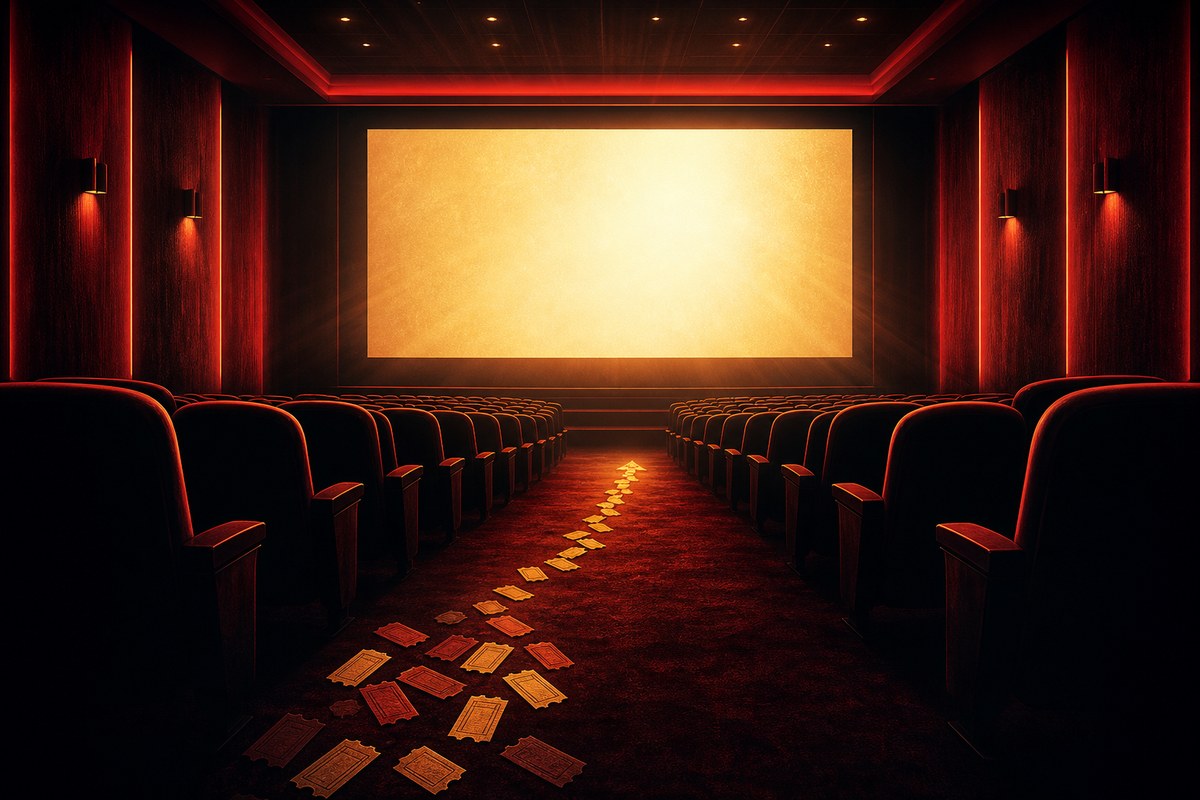Dark movie theater with a glowing screen and crimson-gold light across empty seats.