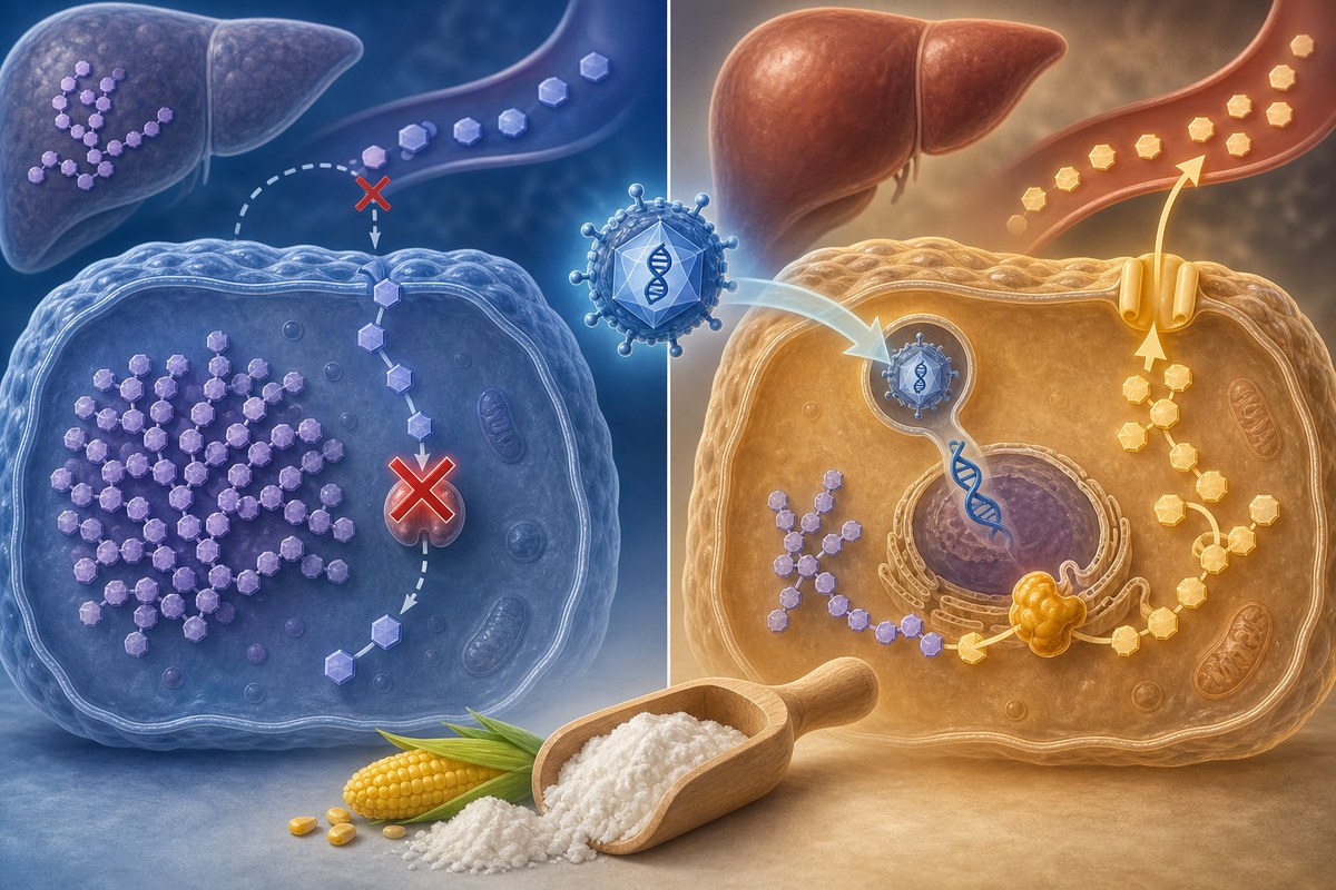 Conceptual comparison of a liver cell with impaired glucose release and one receiving gene therapy.