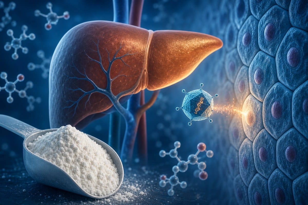 Illustration of gene delivery to liver cells beside glucose and cornstarch symbols.