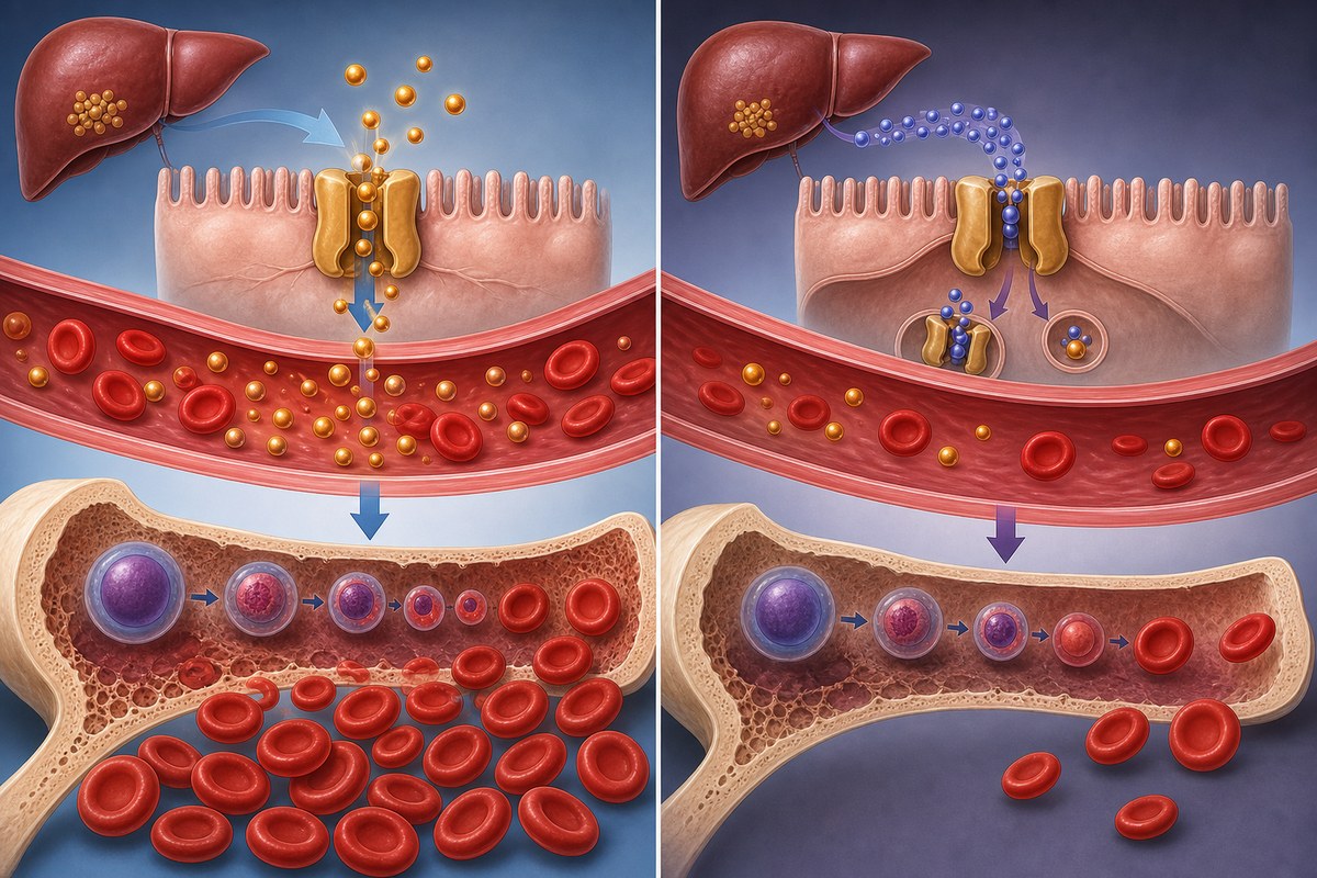 Conceptual illustration showing hepcidin-like regulation limiting iron for red blood-cell production