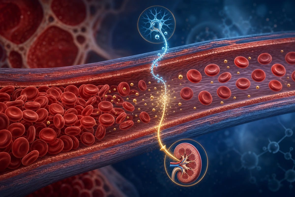 Illustration of red blood cells and iron regulation in a blood vessel