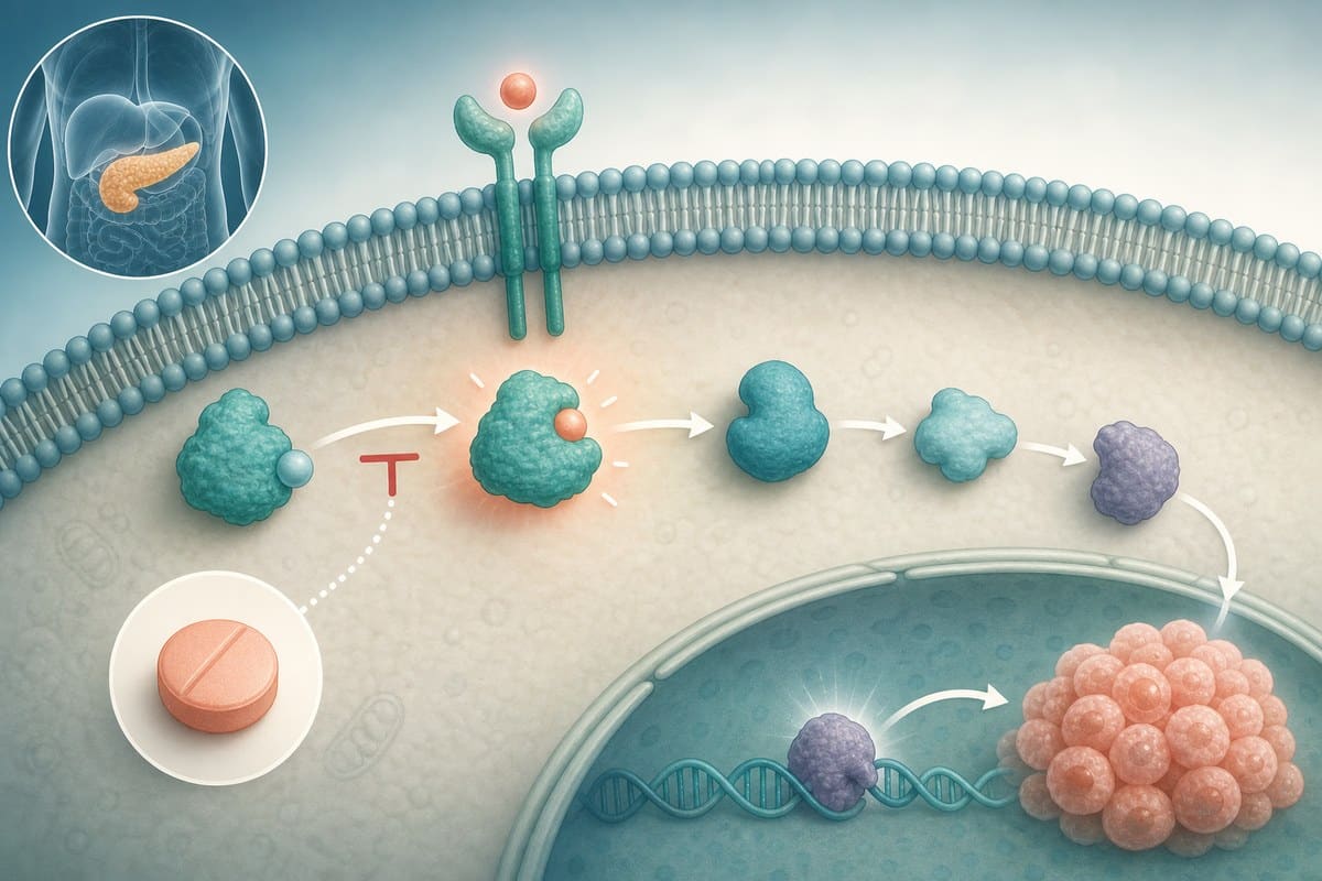 Diagram-like illustration showing a medicine blocking RAS signaling inside a cancer cell.