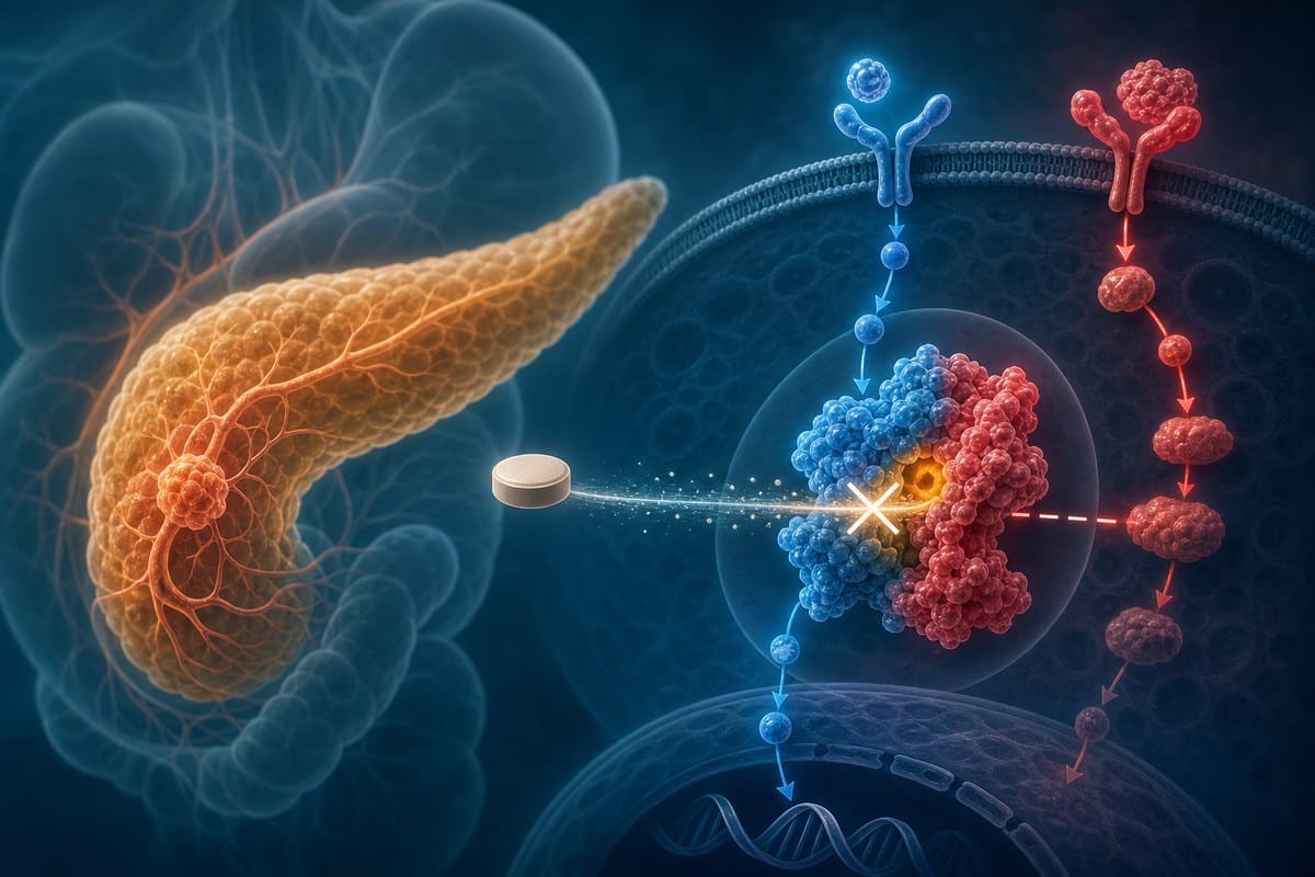 Illustration of a pancreas, an oral tablet and interrupted cellular signaling at a RAS protein.
