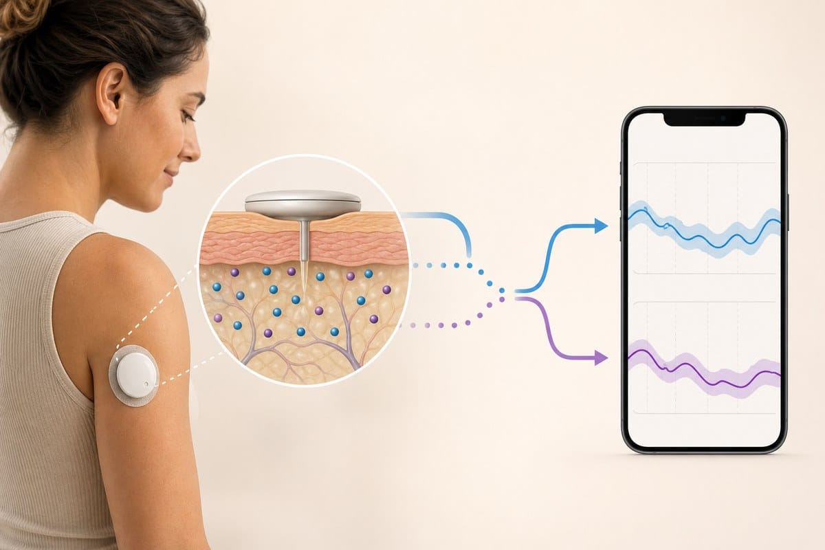 Conceptual diagram of one arm sensor tracking glucose and ketone trends together.
