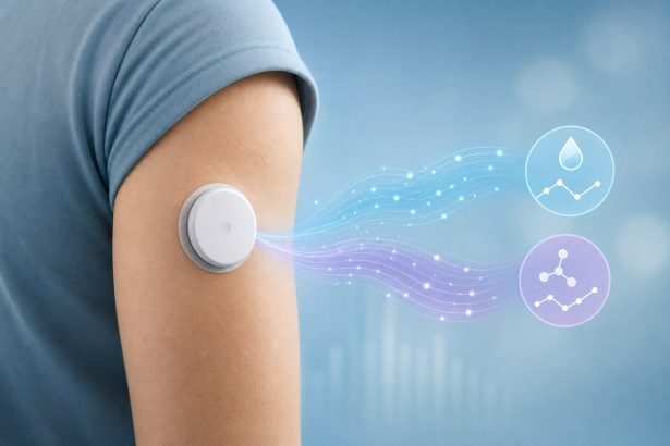 Editorial illustration of an arm sensor with separate glucose and ketone data streams.