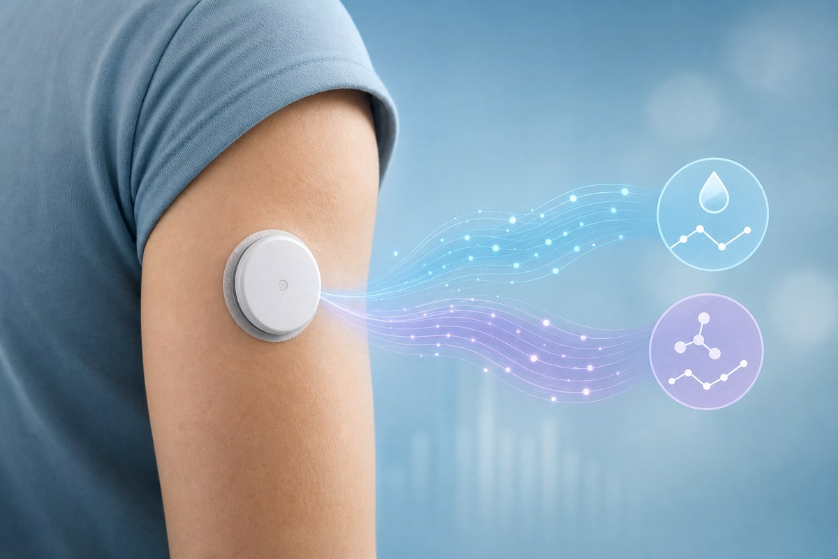 Editorial illustration of an arm sensor with separate glucose and ketone data streams.