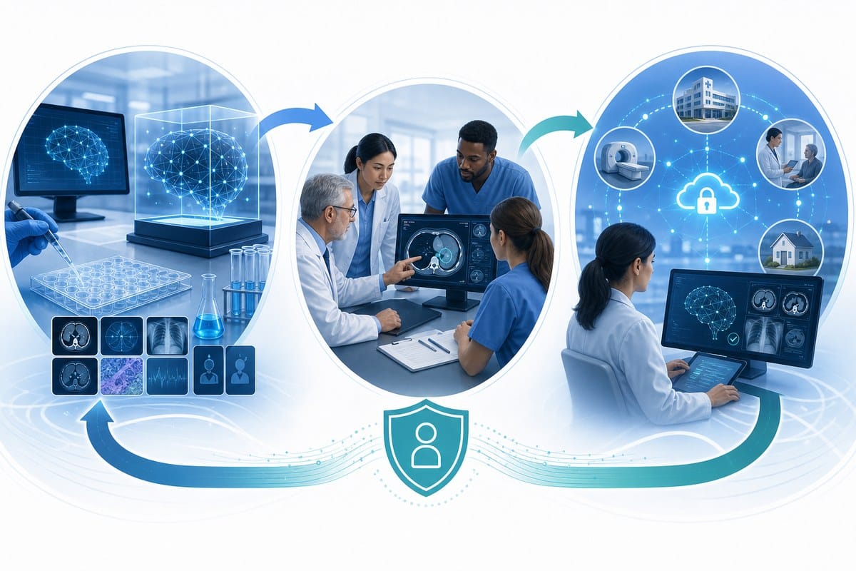 Conceptual illustration showing testing, clinical review and ongoing monitoring of an AI medical device.