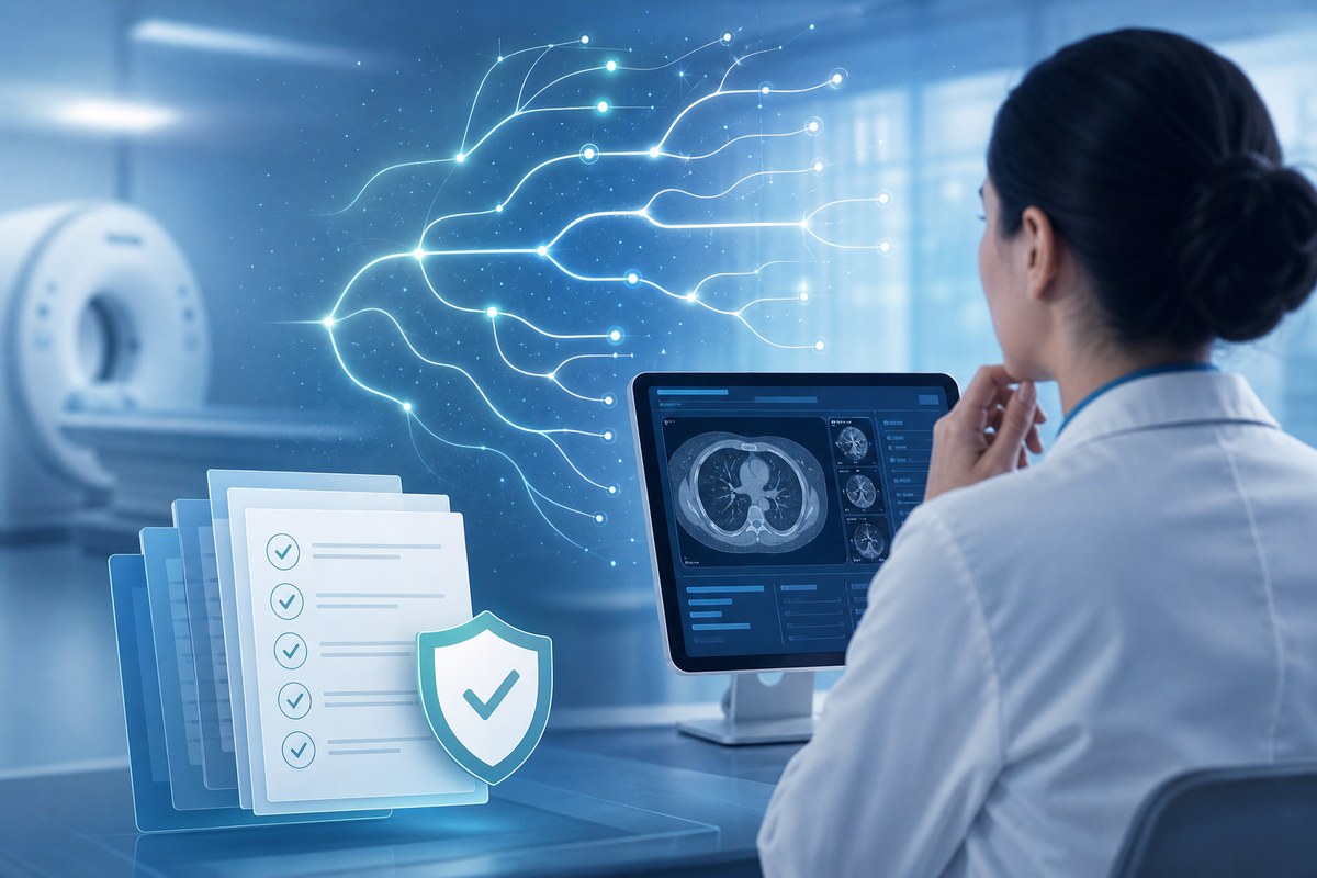 Editorial illustration of a clinician reviewing an AI-enabled medical device interface beside regulatory documents.
