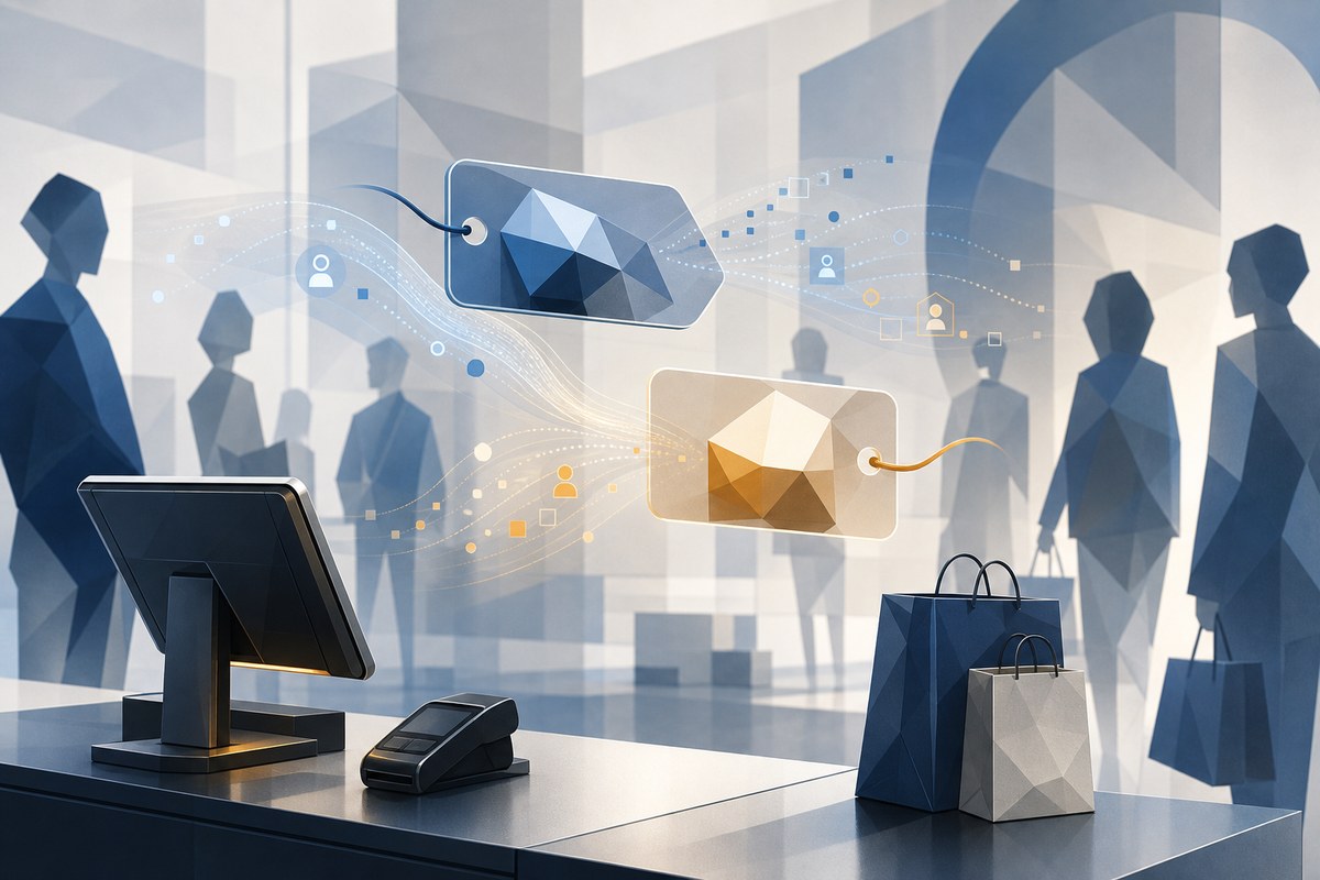 Abstract retail price tags linked to streams of consumer data.