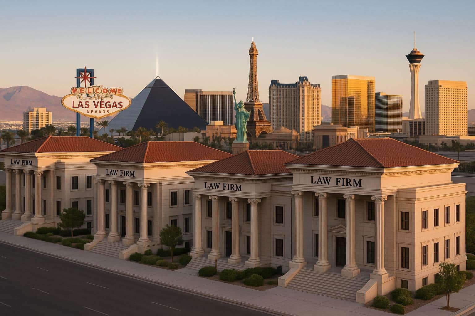 Las Vegas skyline with prominent law firm office buildings representing top legal services