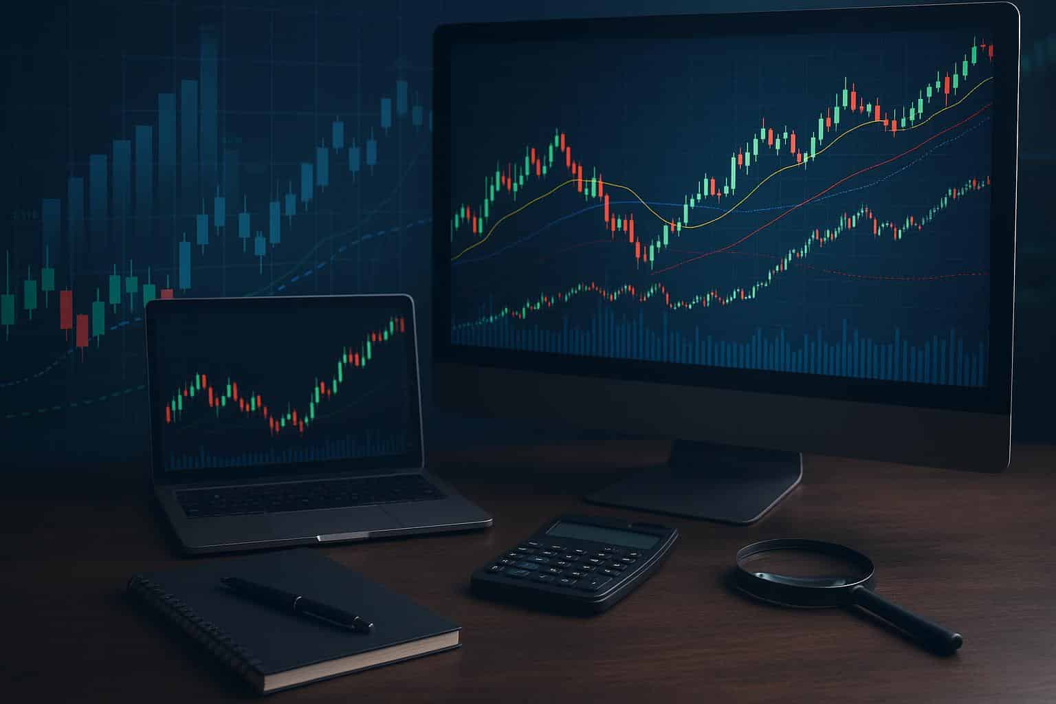 Computer screen displaying stock market charts and graphs for modern trading course concepts