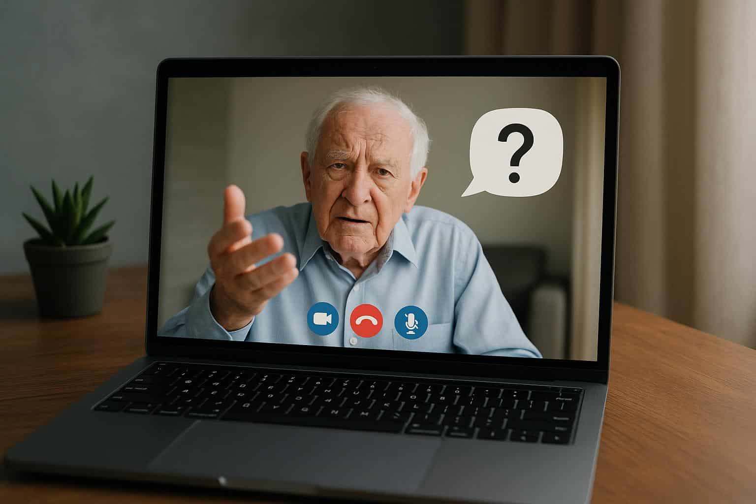 Elderly parent on video call looking confused, highlighting signs of dementia or normal aging