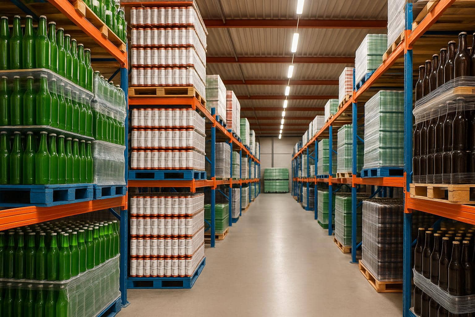 Modern beverage warehouse with stacked pallets, illustrating strategic location for distribution