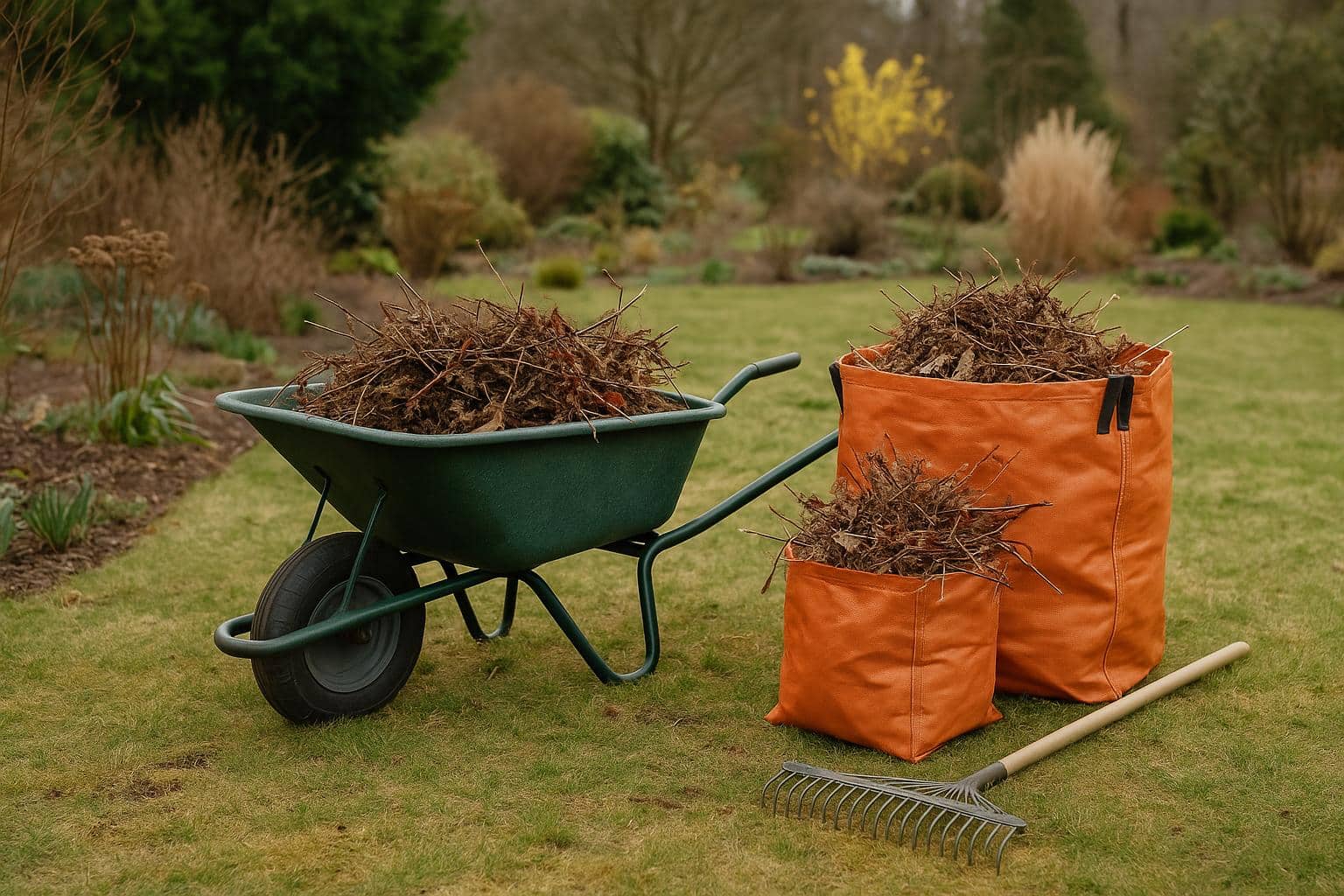Garden waste bags and pruned branches on backyard lawn during spring landscaping cleanup