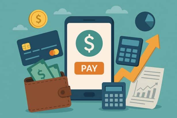 Digital wallet on smartphone surrounded by coins and online banking icons representing money habits
