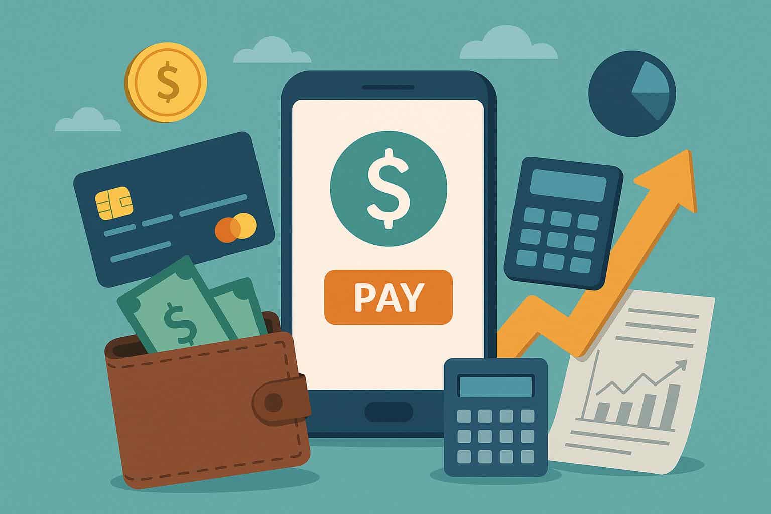 Digital wallet on smartphone surrounded by coins and online banking icons representing money habits
