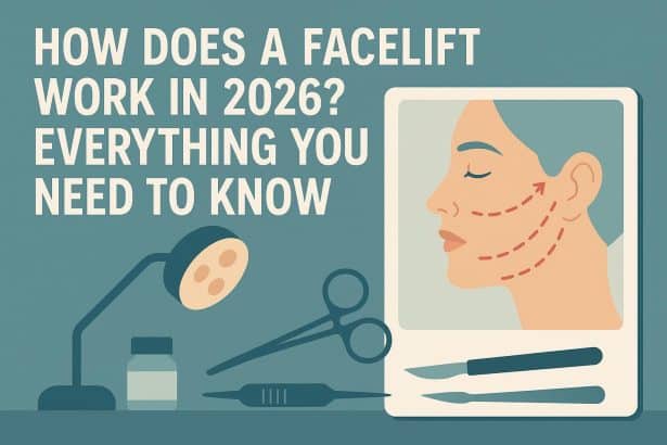 Illustration showing facelift procedure steps and techniques for cosmetic improvement