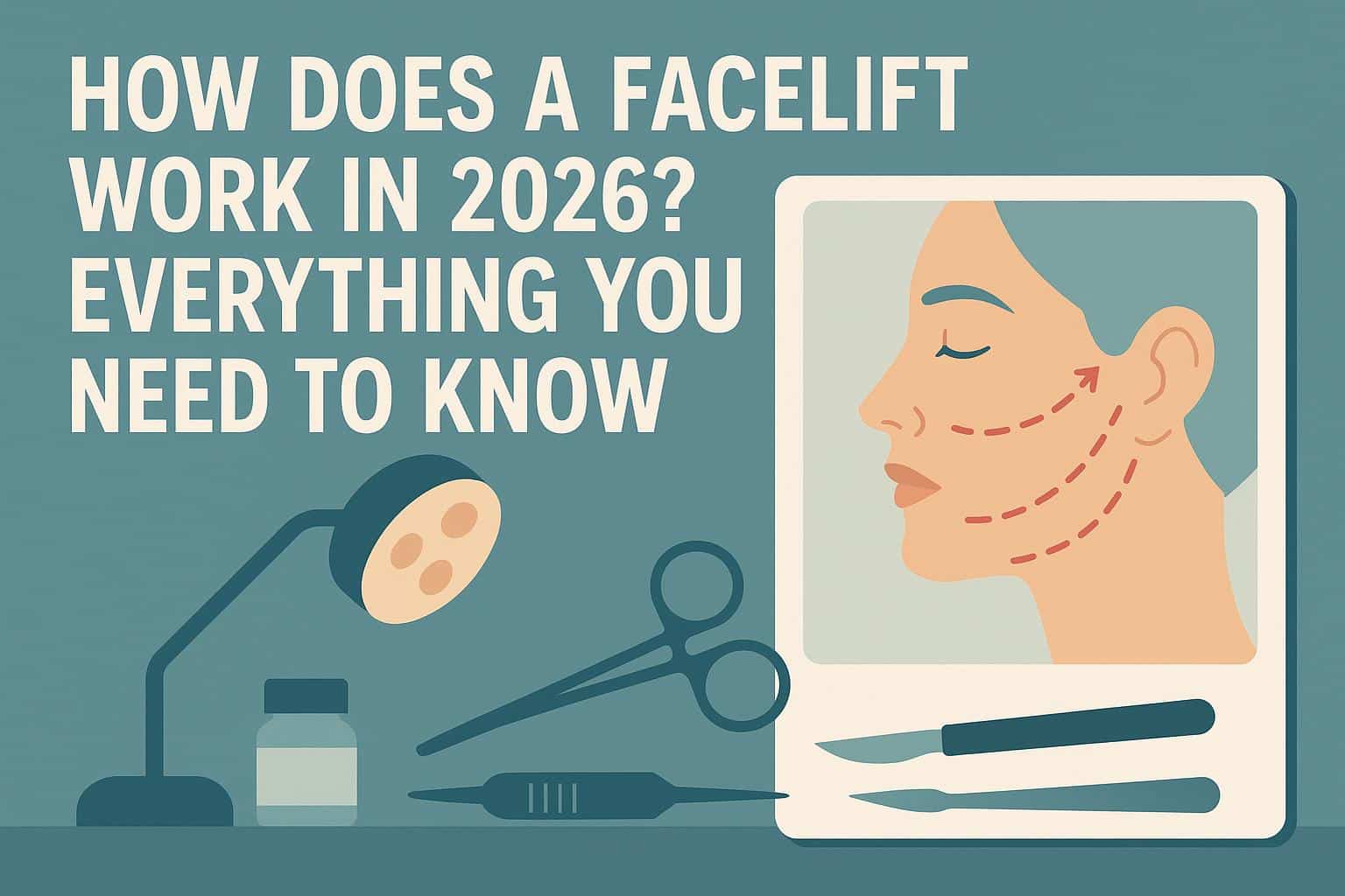 Illustration showing facelift procedure steps and techniques for cosmetic improvement