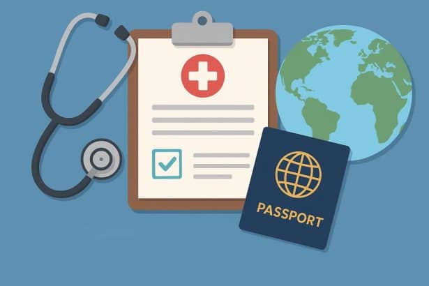 Panel physician conducting immigration medical screening with healthcare documents and stethoscope