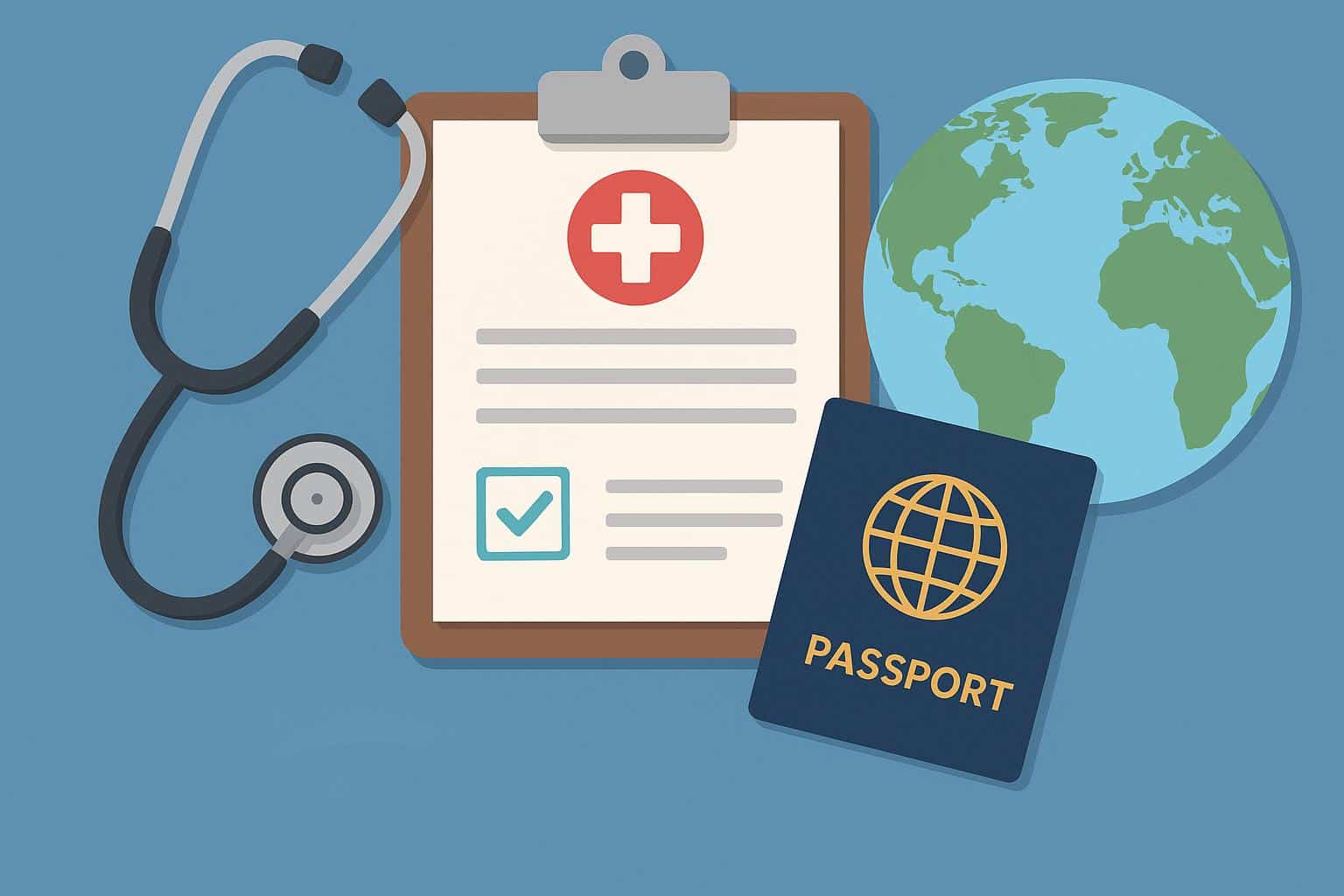 Panel physician conducting immigration medical screening with healthcare documents and stethoscope