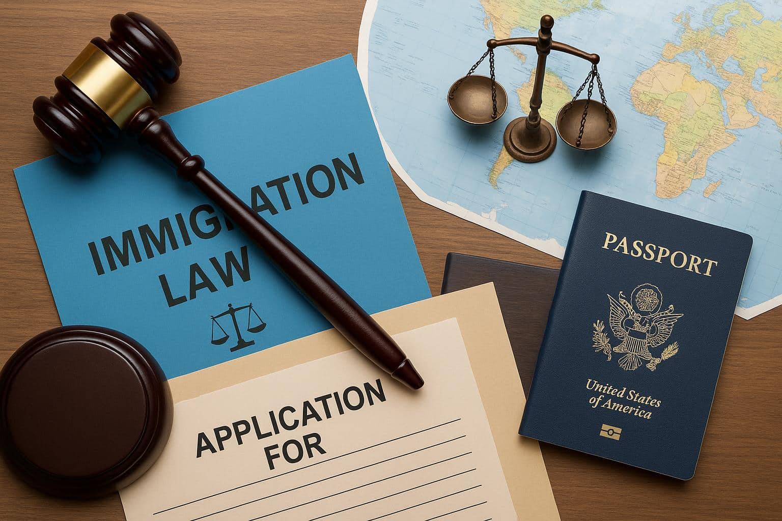 Immigration lawyer reviewing legal documents and case files in a professional office setting
