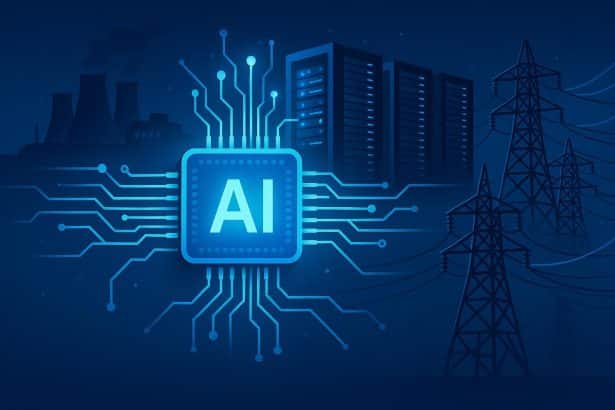 Rows of AI data center servers with glowing lights illustrating increased energy consumption