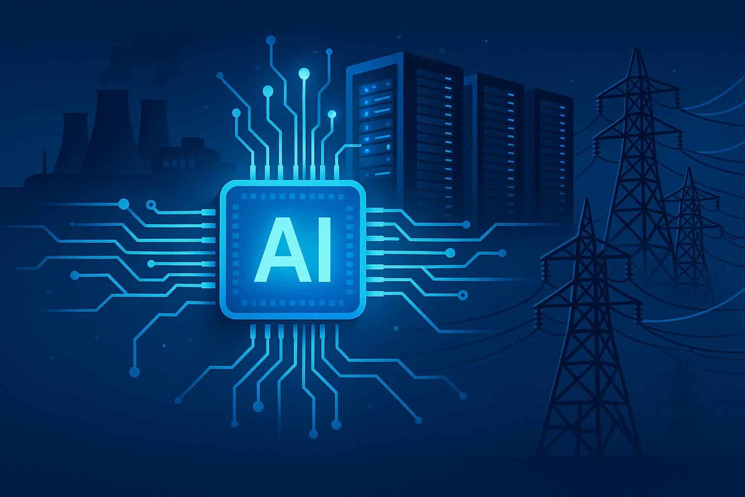 Rows of AI data center servers with glowing lights illustrating increased energy consumption