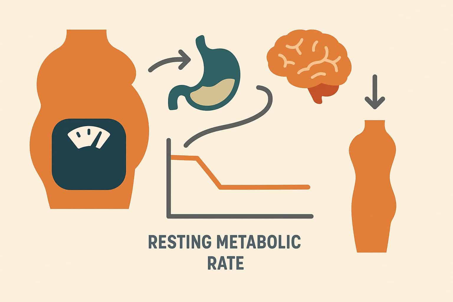 Illustration of metabolic adaptation and satiety signaling pathways during weight loss