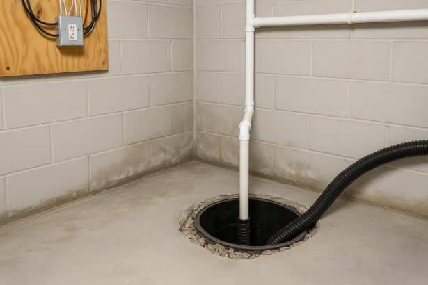 Home basement inspection showing sump pump area and plumbing before installation process