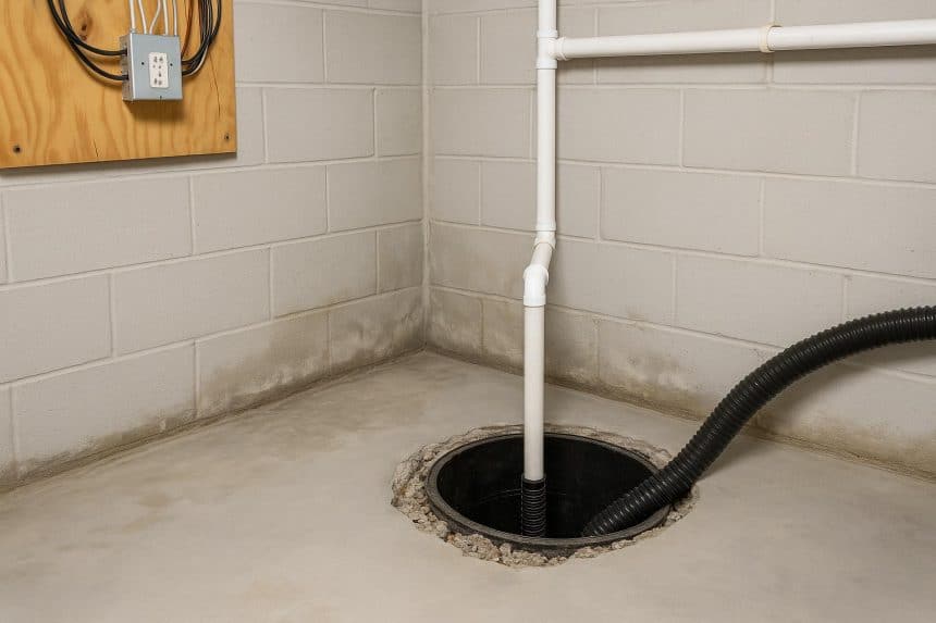 Home basement inspection showing sump pump area and plumbing before installation process