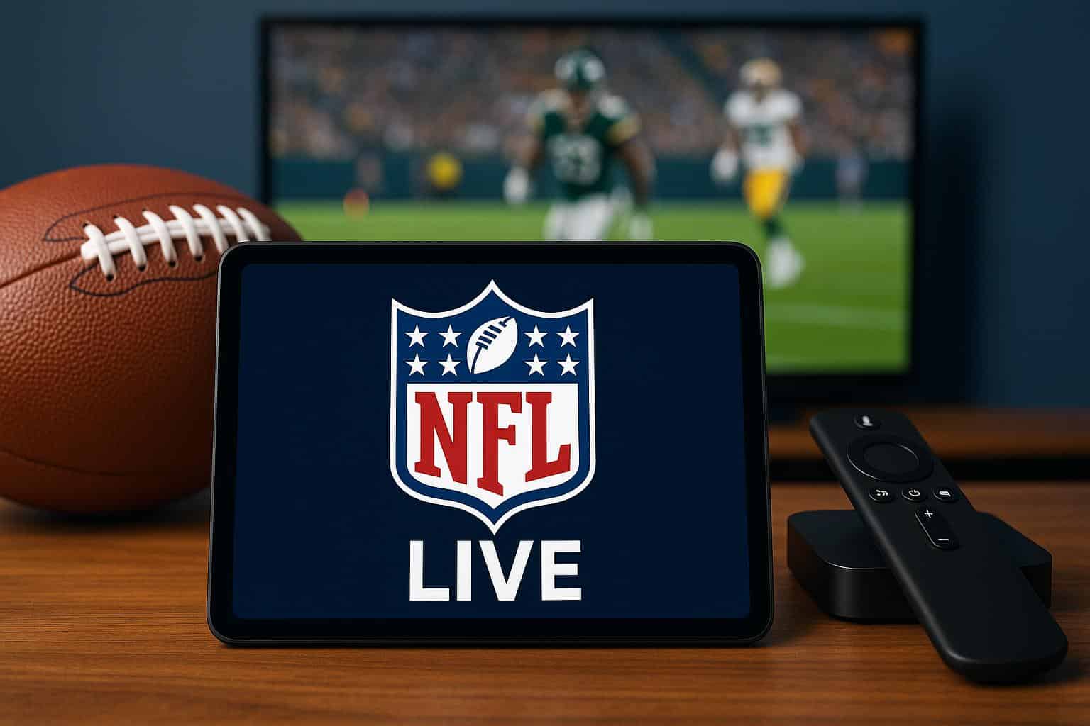 NFL streaming guide graphic with football field, devices, and streaming service logos