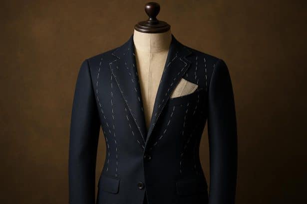 Tailored premium suit highlighting expert chest shaping and naturally three-dimensional silhouette