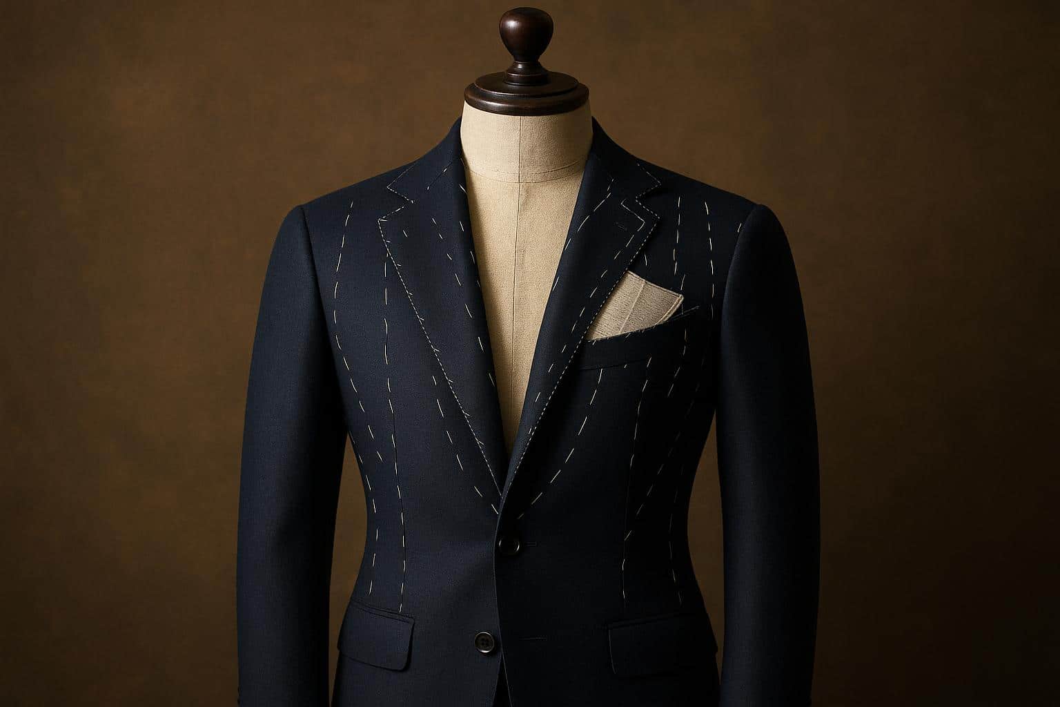 Tailored premium suit highlighting expert chest shaping and naturally three-dimensional silhouette
