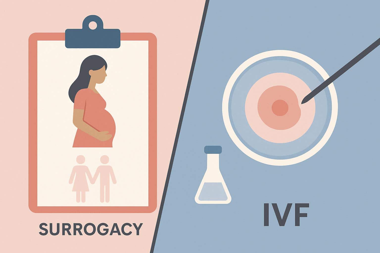 Surrogacy and IVF concept with medical icons, pregnancy test, and fertility clinic visuals
