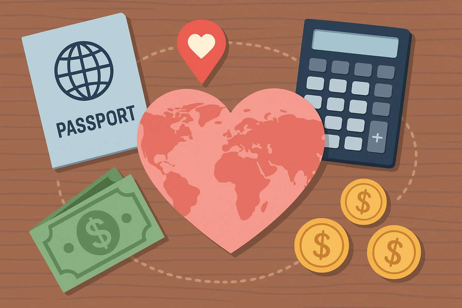 International dating costs illustrated with currency symbols, travel icons, and digital connection graphics