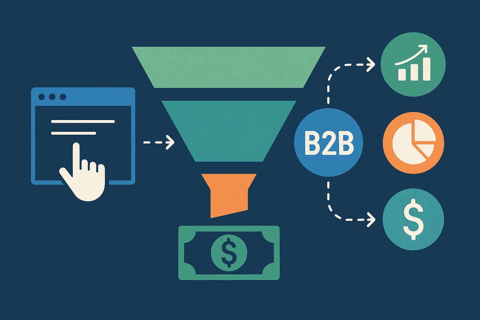 B2B paid media funnel audit illustration showing steps from ad click to revenue generation