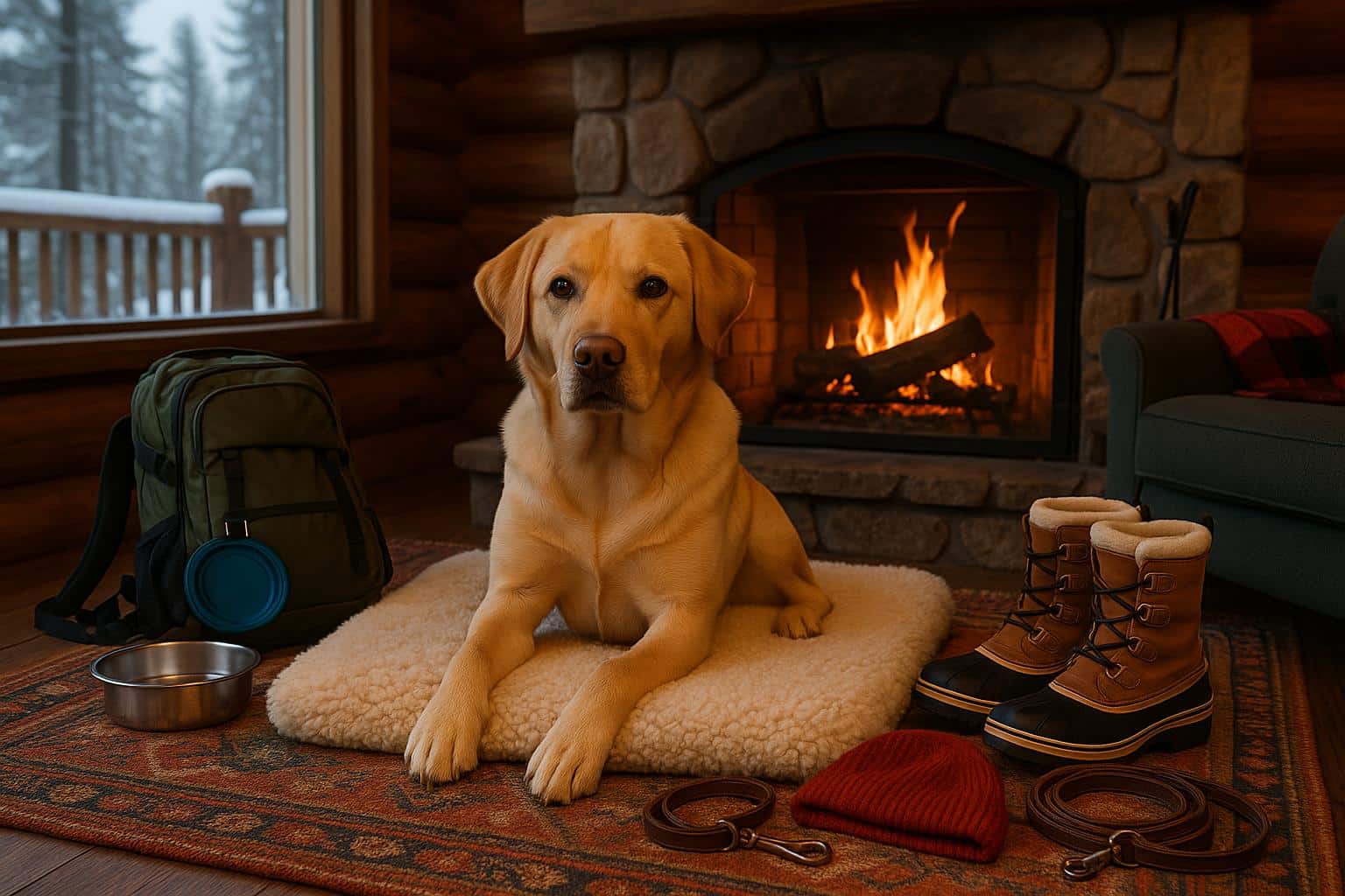 Dog enjoying cozy winter cabin with blanket, dog bed, and snowy outdoor scenery