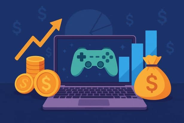 Digital gaming icons and currency symbols illustrating online games' positive economic impact