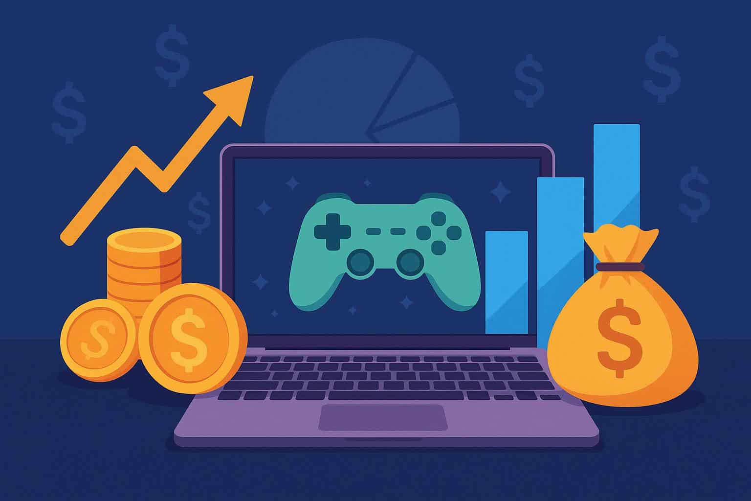 Digital gaming icons and currency symbols illustrating online games' positive economic impact