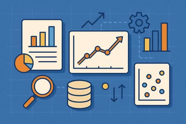 Data analysis icons, charts, and graphs representing essential business data skills