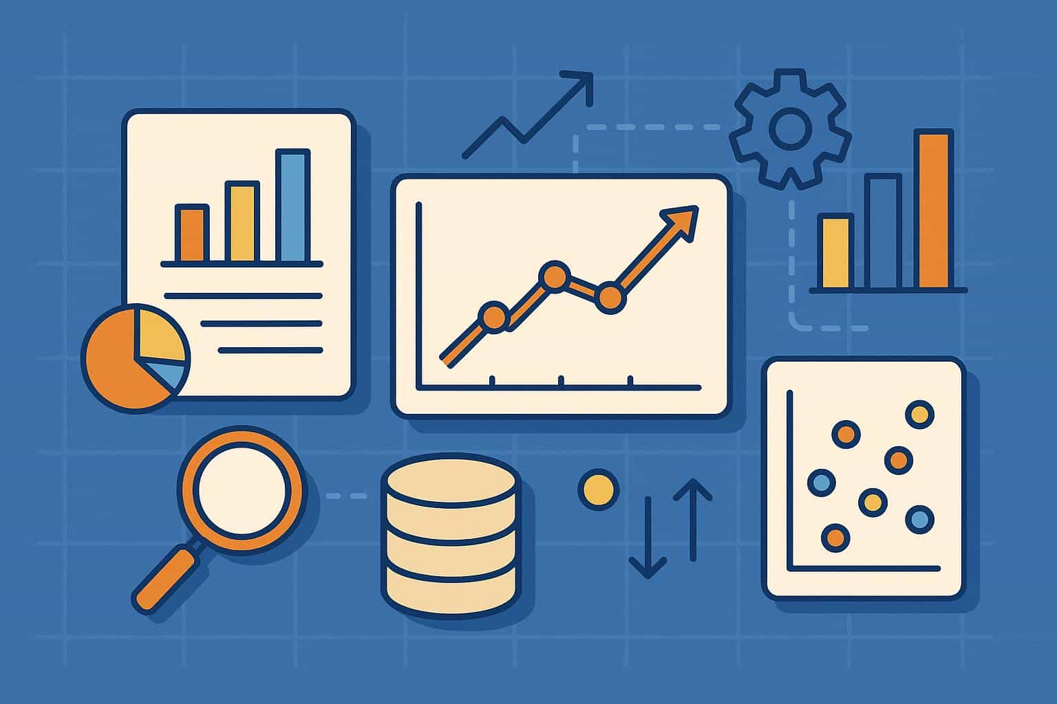 Data analysis icons, charts, and graphs representing essential business data skills