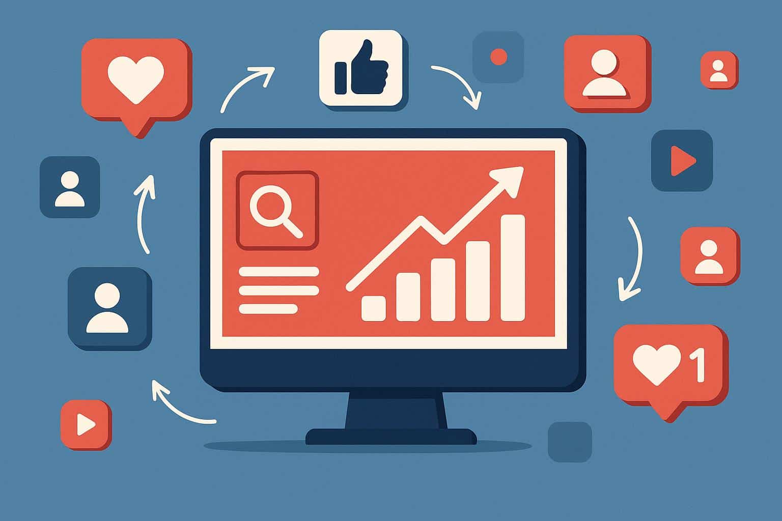 Social media analytics dashboard illustrating GoreAd platform features and growth metrics