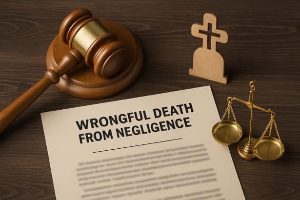 Gavel and legal documents symbolizing wrongful death claims due to negligence.