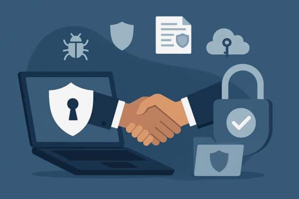 MSP evaluating cybersecurity vendor partnership with checklist and security icons