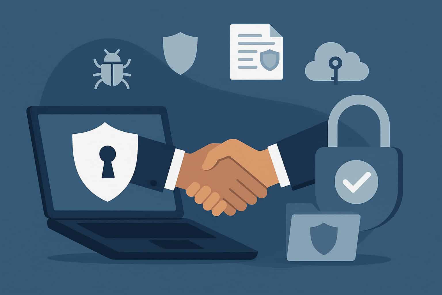 MSP evaluating cybersecurity vendor partnership with checklist and security icons