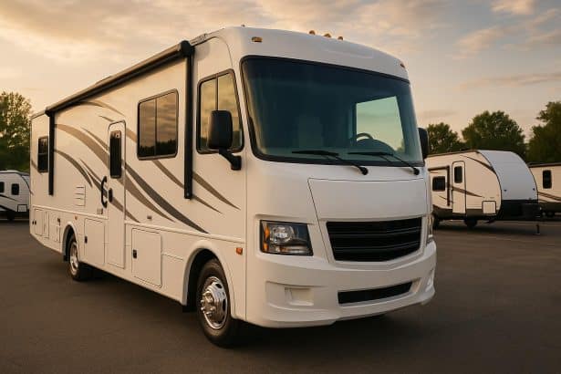 Modern RV parked at a scenic campsite with open awning and outdoor chairs, ready for travel