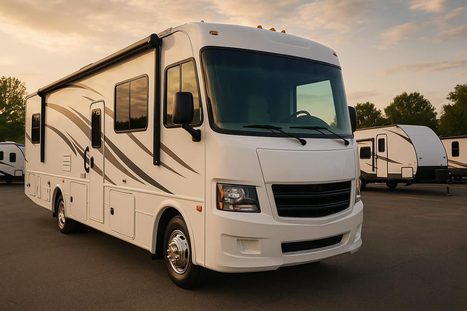 Modern RV parked at a scenic campsite with open awning and outdoor chairs, ready for travel