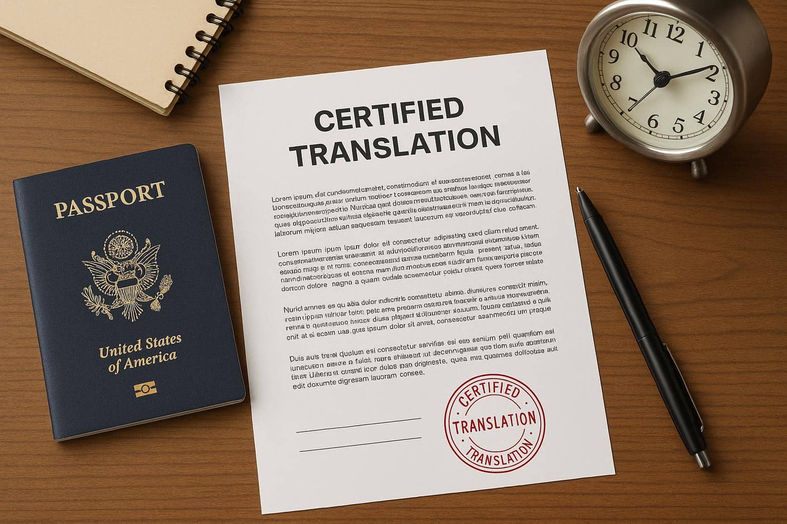 Stack of translated documents stamped 'certified' symbolizing fast same-day translation services in US