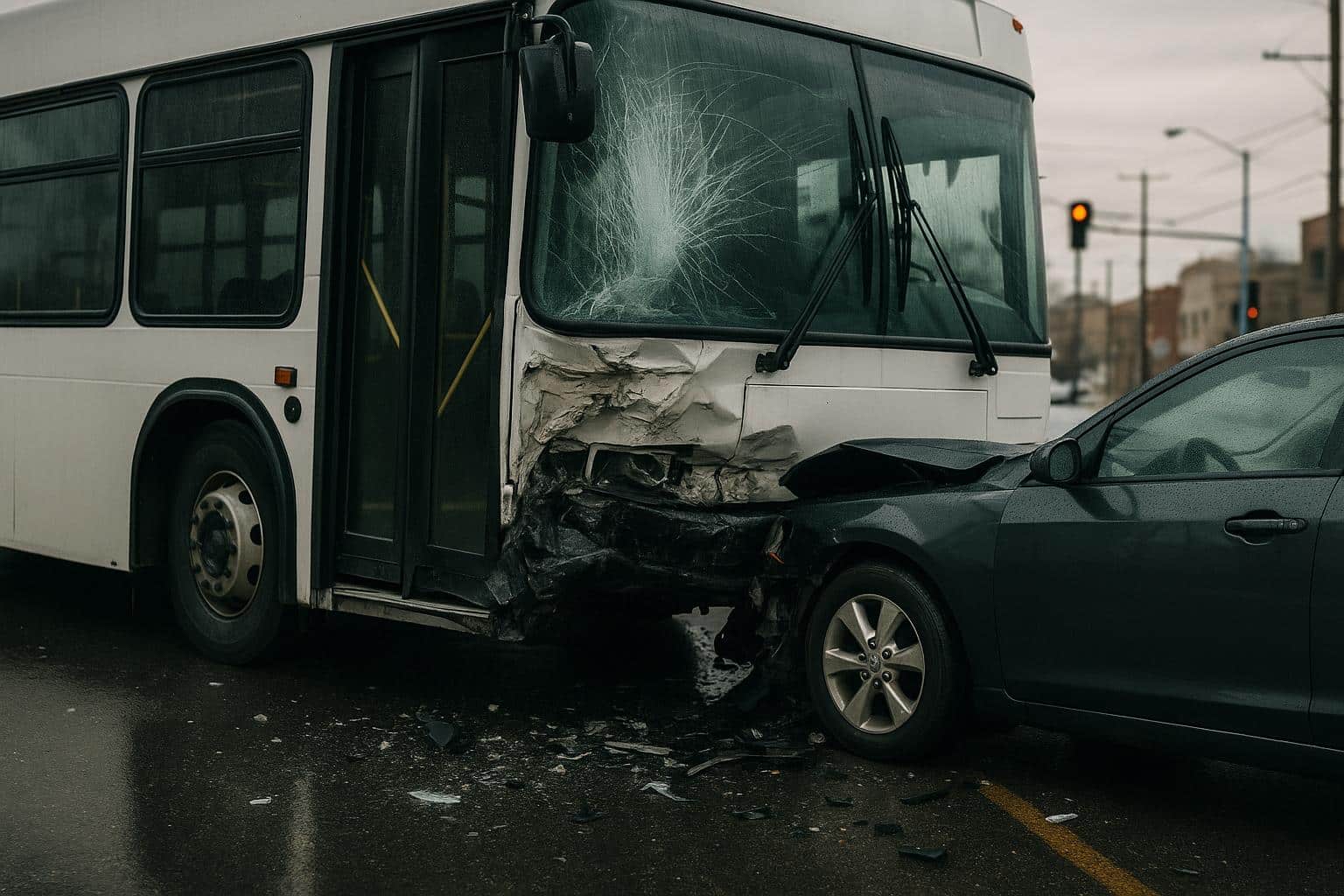 Damaged city bus on Denver street after accident, emergency response vehicles present