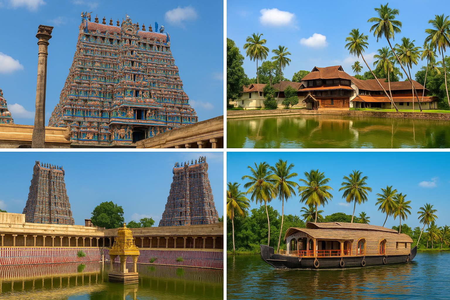 Scenic view of Kerala backwaters and Tamil Nadu temples, highlighting South India travel destinations